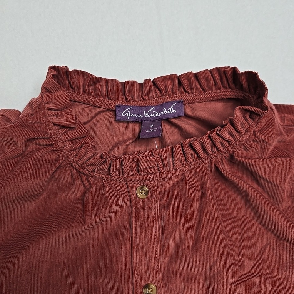 Gloria Vanderbilt shirt corduroy button Up maroon Medium ruffle Grannycore Work - Picture 4 of 11
